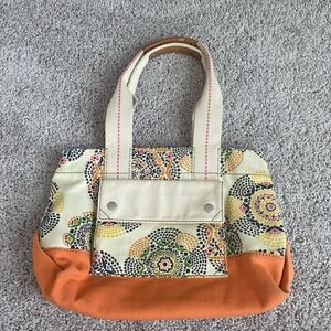 Fossil LENA Shopper Tote Bag Canvas Cream Orange Shoulder Satchel Handbag
